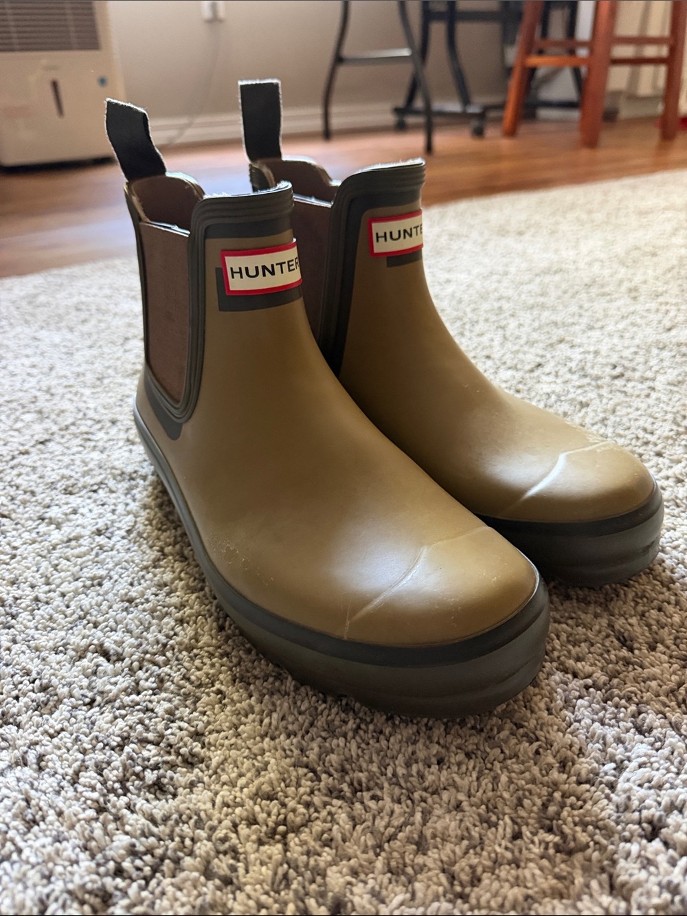 Hunter womens Olive Chelsea Rain Boots with Black Trim
